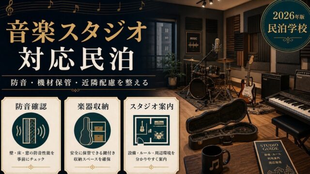 音楽スタジオ対応民泊の防音確認、楽器収納、スタジオ案内を整理した図