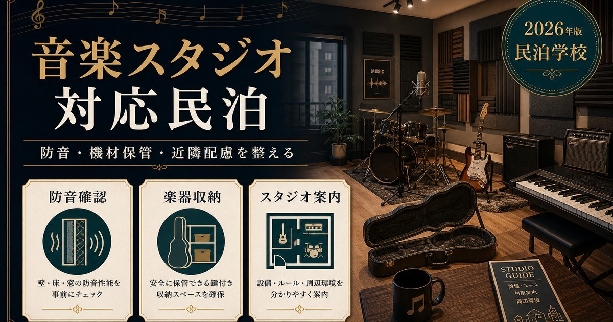 音楽スタジオ対応民泊の防音確認、楽器収納、スタジオ案内を整理した図