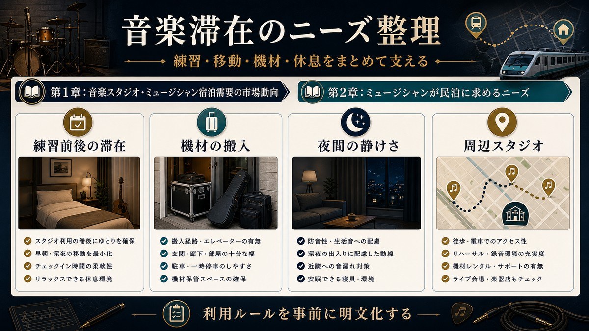 音楽滞在のニーズを練習前後の滞在、機材搬入、夜間の静けさ、周辺スタジオで整理した図