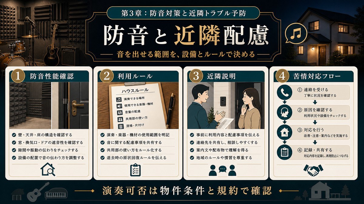 音楽民泊の防音と近隣配慮を防音性能確認、利用ルール、近隣説明、苦情対応フローで整理した図