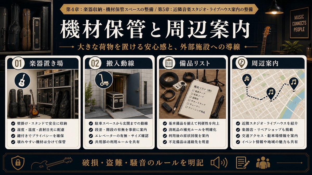 音楽民泊の機材保管と周辺案内を楽器置き場、搬入動線、備品リスト、周辺案内で整理した図