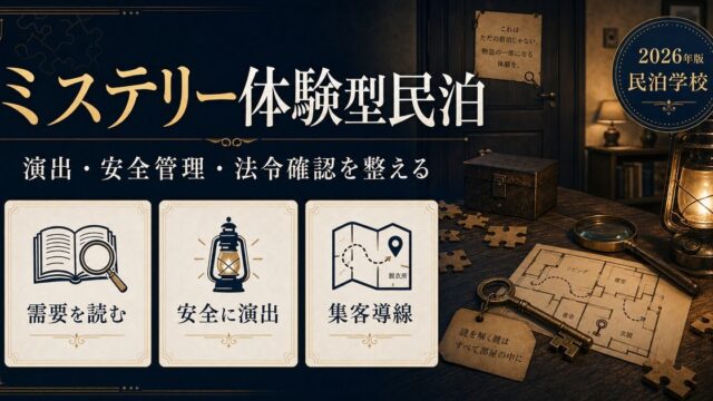 ミステリー体験型民泊の需要、演出、安全管理、集客導線を整理した図