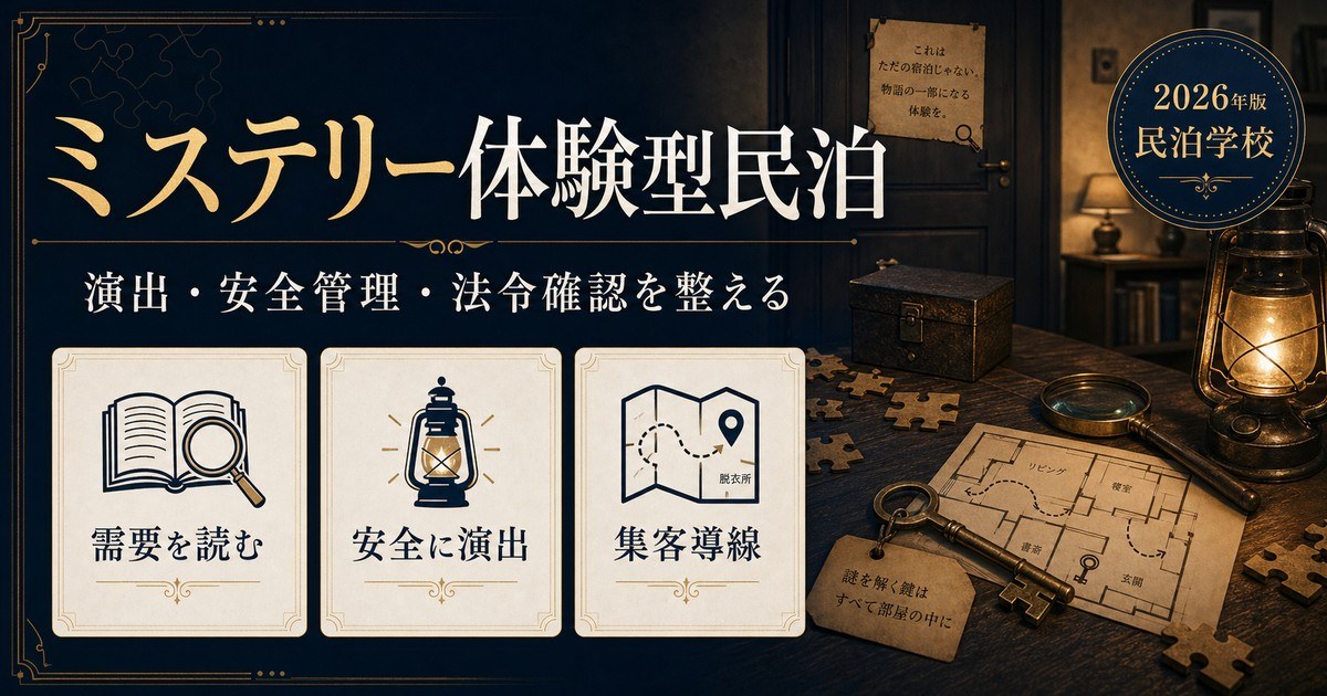 ミステリー体験型民泊の需要、演出、安全管理、集客導線を整理した図