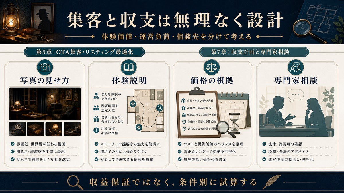 ミステリー体験型民泊の集客と収支を写真、体験説明、価格根拠、専門家相談で整理した図