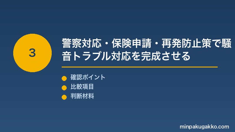 民泊騒音トラブル Step3 警察対応フロー・AirCover・民泊保険の騒音損害適用範囲・近隣挨拶・管理組合報告・再発防止策で騒音トラブル対応を完成させる