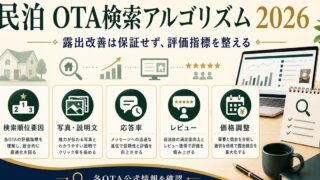 民泊のOTA検索アルゴリズムを検索順位要因、写真・説明文、応答率、レビュー、価格調整で整理した図