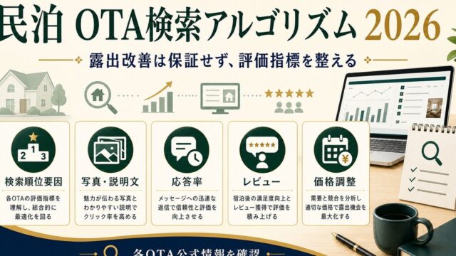 民泊のOTA検索アルゴリズムを検索順位要因、写真・説明文、応答率、レビュー、価格調整で整理した図