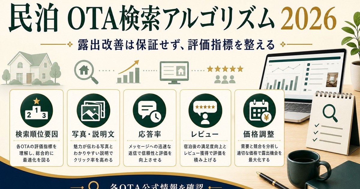 民泊のOTA検索アルゴリズムを検索順位要因、写真・説明文、応答率、レビュー、価格調整で整理した図