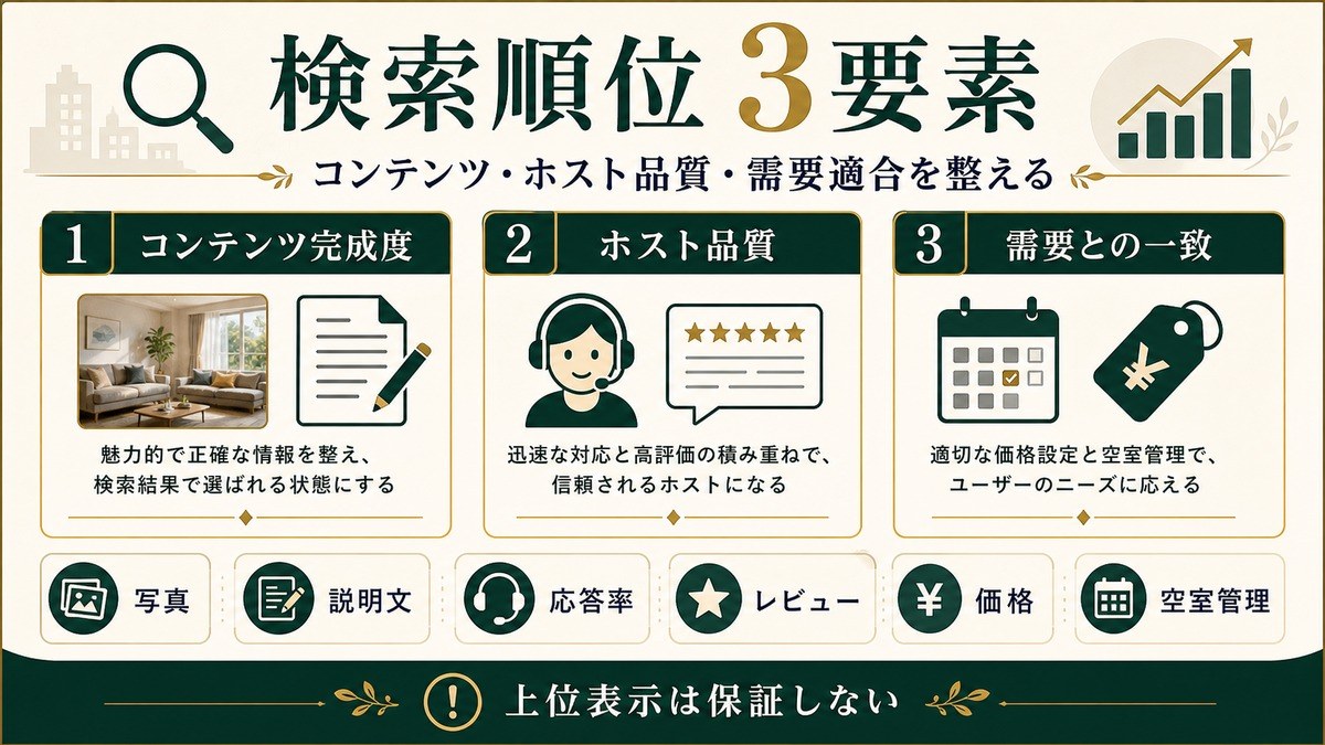 民泊OTA検索順位の3要素をコンテンツ完成度、ホスト品質、需要との一致で整理した図