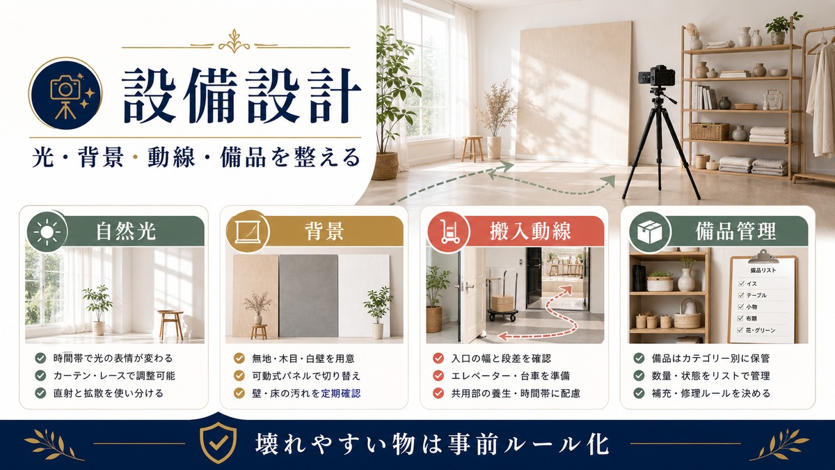 撮影スタジオ向け民泊設備を自然光、背景、搬入動線、備品管理で整理した図