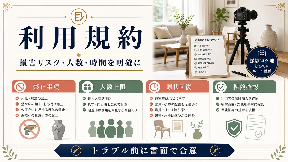 撮影利用の規約を禁止事項、人数上限、原状回復、保険確認で整理した図