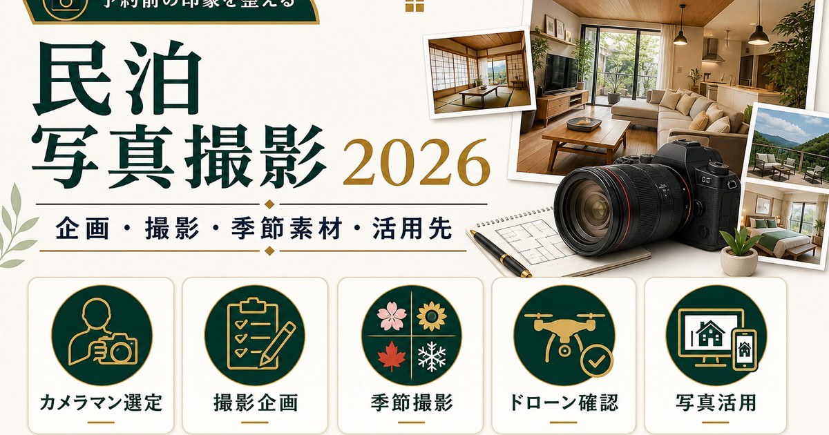 民泊写真撮影をカメラマン選定、撮影企画、季節撮影、ドローン確認、写真活用で整理した図