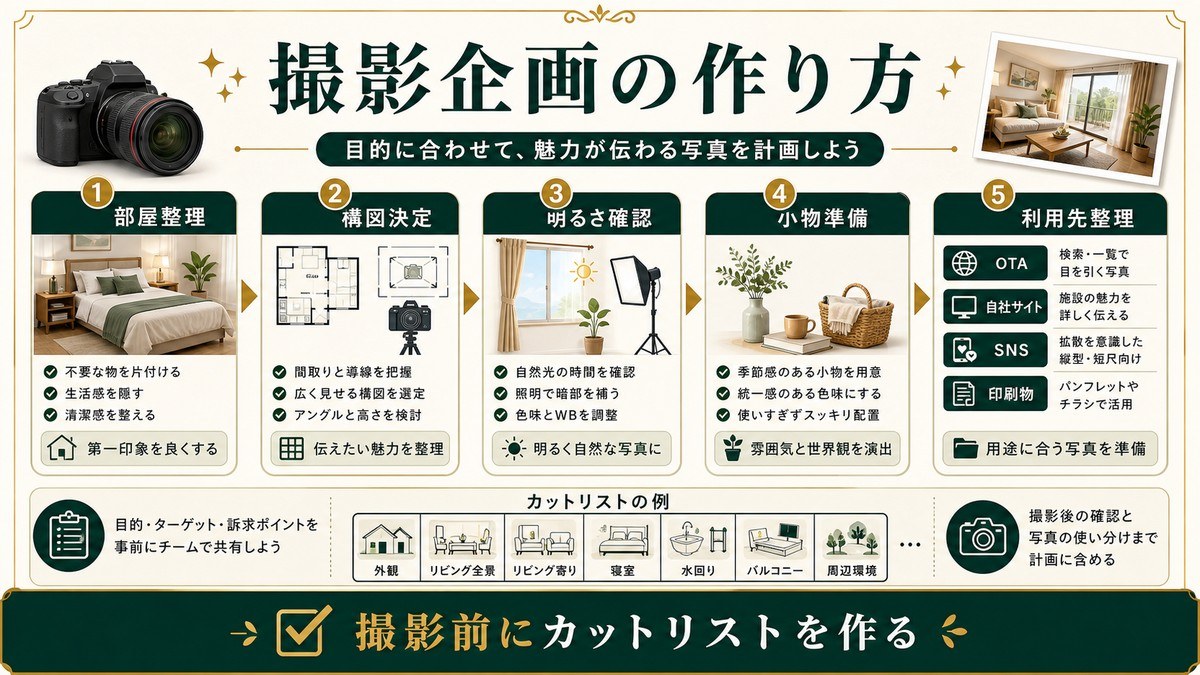 民泊写真の撮影企画を部屋整理、構図決定、明るさ確認、小物準備、利用先整理で示した図