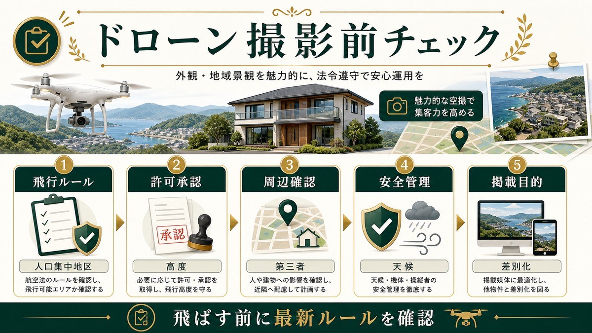 民泊のドローン撮影前チェックを飛行ルール、許可承認、周辺確認、安全管理、掲載目的で示した図