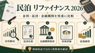 民泊のリファイナンス戦略を金利動向、返済比較、金融機関相談、担保評価、追加融資で整理した図