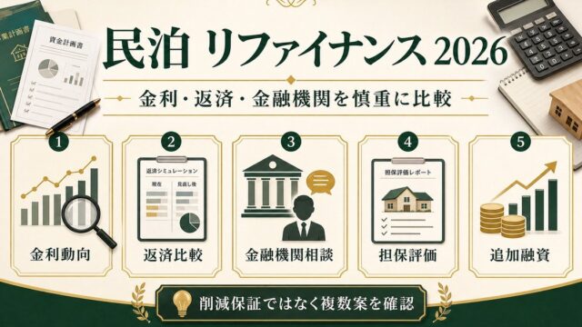 民泊のリファイナンス戦略を金利動向、返済比較、金融機関相談、担保評価、追加融資で整理した図