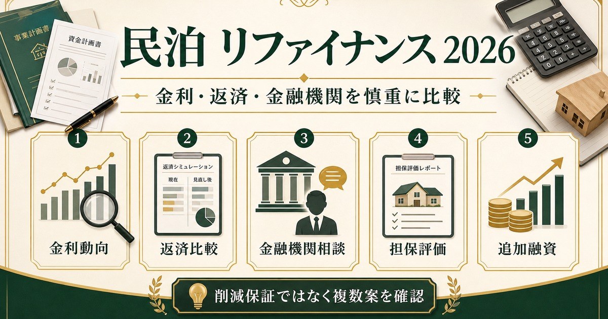 民泊のリファイナンス戦略を金利動向、返済比較、金融機関相談、担保評価、追加融資で整理した図