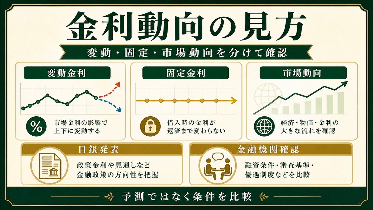 民泊融資の金利動向を変動金利、固定金利、市場動向、日銀発表、金融機関確認で整理した図