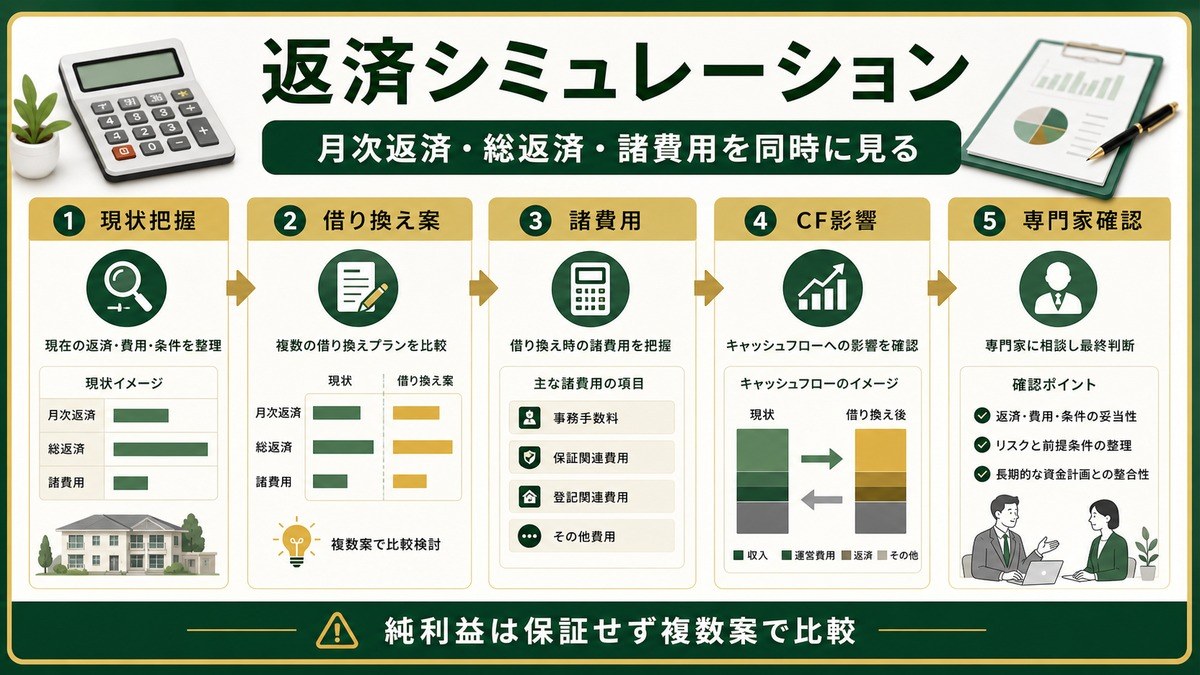 民泊リファイナンスの返済シミュレーションを現状把握、借り換え案、諸費用、キャッシュフロー影響、専門家確認で示した図
