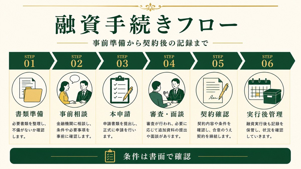 民泊リファイナンスと追加融資の手続きを書類準備、事前相談、本申請、審査面談、契約確認、実行後管理で示した図