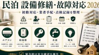 民泊の設備修繕・故障対応をエアコン、給湯器、鍵、水道、電気で整理した図