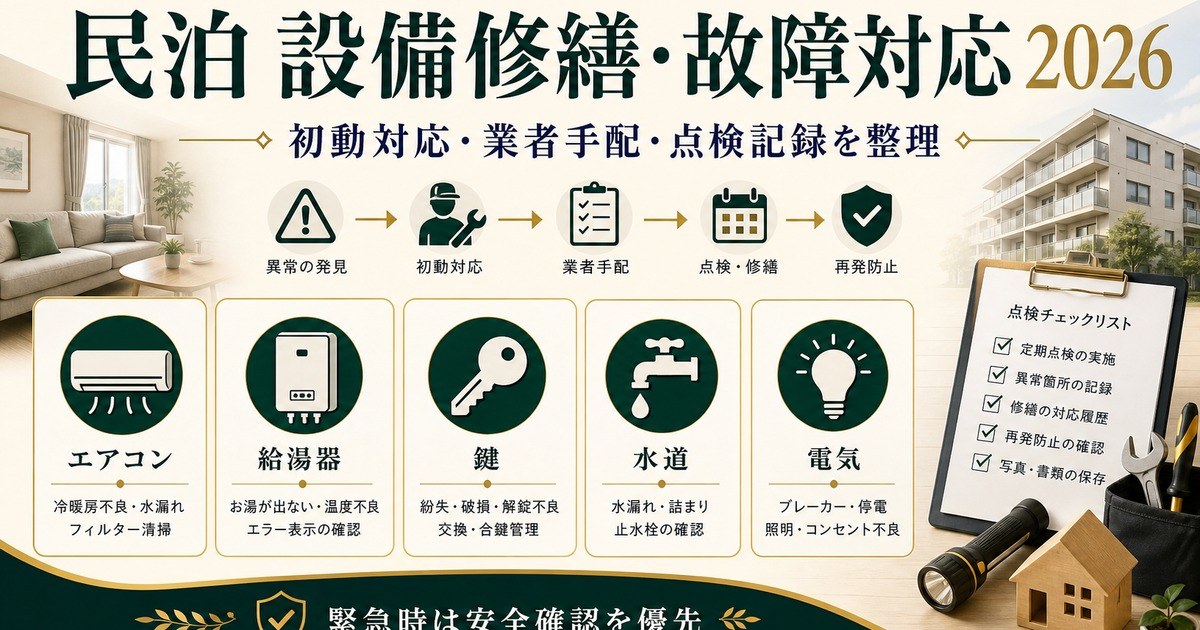 民泊の設備修繕・故障対応をエアコン、給湯器、鍵、水道、電気で整理した図