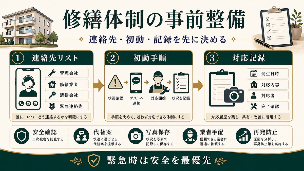 民泊の修繕体制を連絡先リスト、初動手順、対応記録、安全確認、業者手配で整理した図