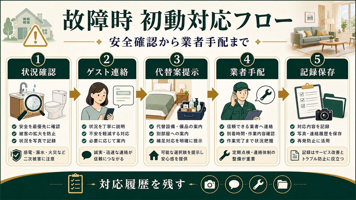 民泊の故障時初動対応を状況確認、ゲスト連絡、代替案提示、業者手配、記録保存で示した図