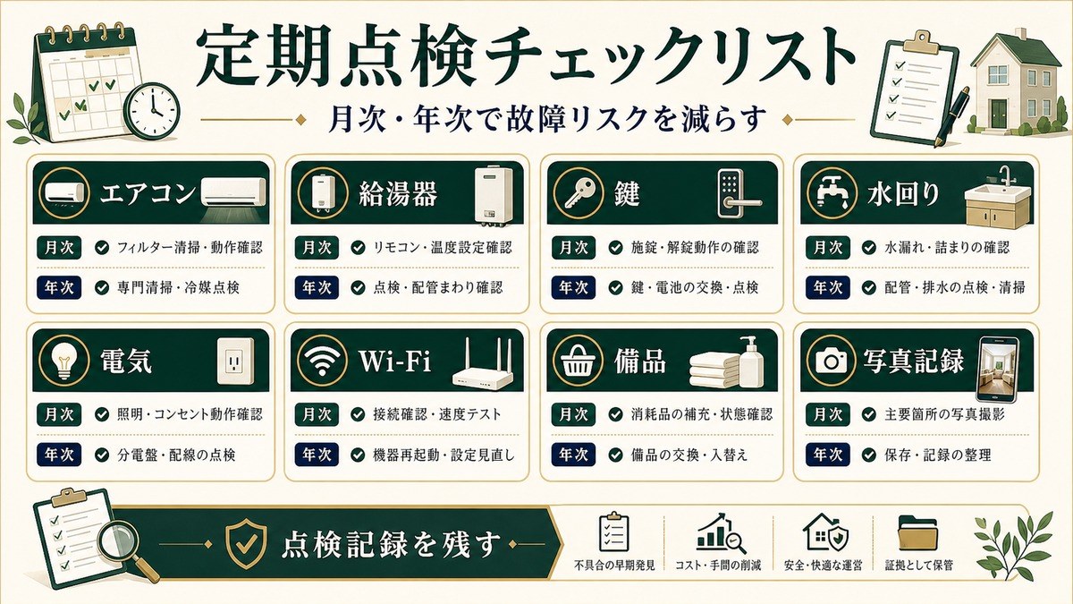 民泊設備の定期点検をエアコン、給湯器、鍵、水回り、電気、Wi-Fi、備品、写真記録で整理した図