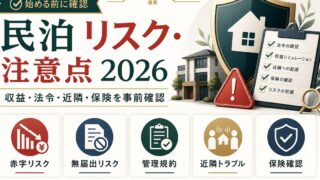 民泊のリスクと注意点を赤字リスク、無届出リスク、管理規約、近隣トラブル、保険確認で整理した図