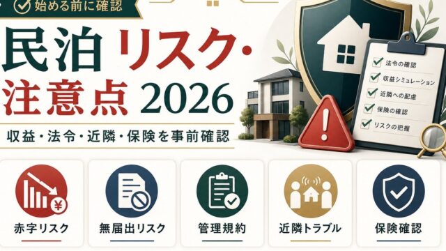 民泊のリスクと注意点を赤字リスク、無届出リスク、管理規約、近隣トラブル、保険確認で整理した図