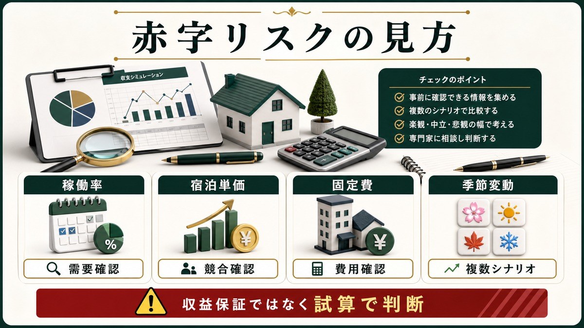 民泊の赤字リスクを稼働率、宿泊単価、固定費、季節変動、複数シナリオで示した図