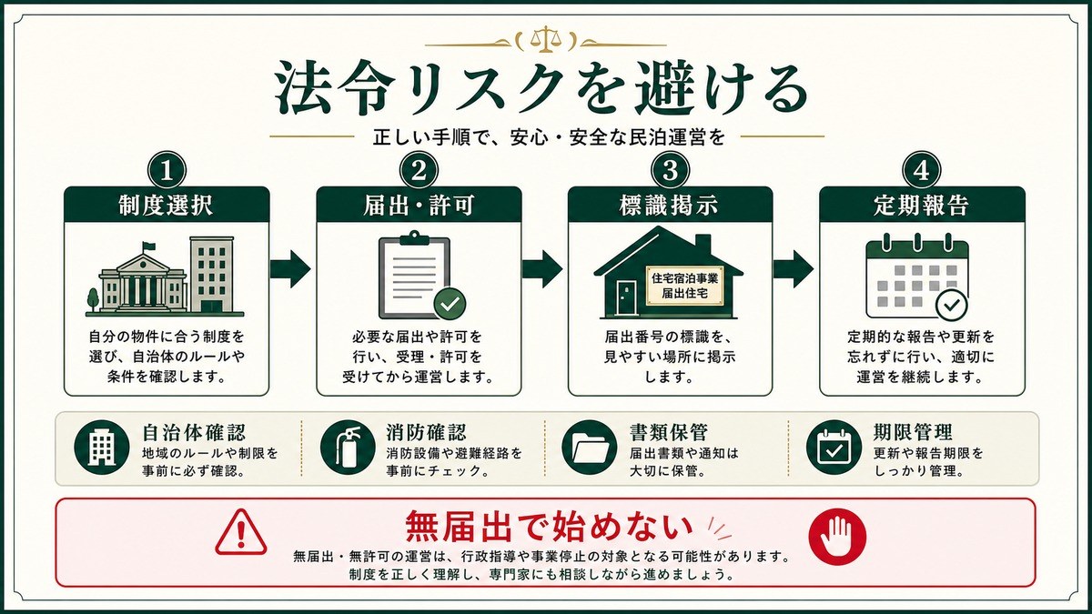民泊の法令リスクを制度選択、届出許可、標識掲示、定期報告、書類保管で示した図