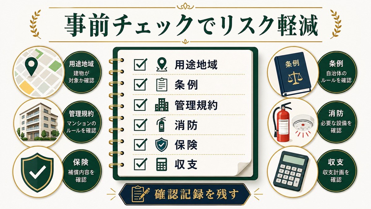民泊リスク軽減の事前チェックを用途地域、条例、管理規約、消防、保険、収支で示した図