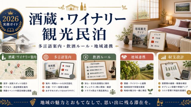 酒蔵・ワイナリー観光民泊の多言語案内、飲酒ルール、地域連携を整理した図