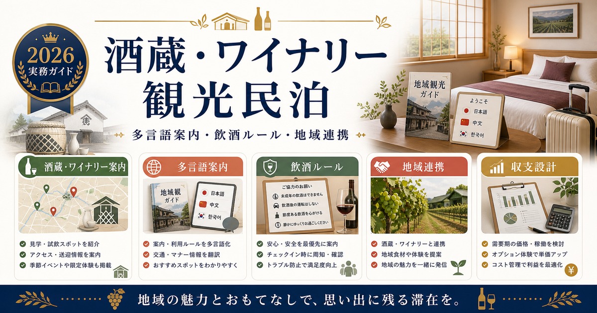 酒蔵・ワイナリー観光民泊の多言語案内、飲酒ルール、地域連携を整理した図