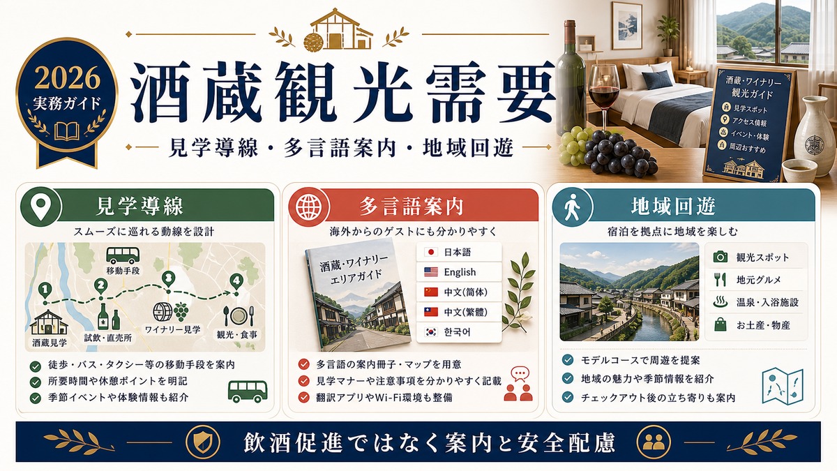 酒蔵ワイナリー観光需要を見学導線、多言語案内、地域回遊で整理した図