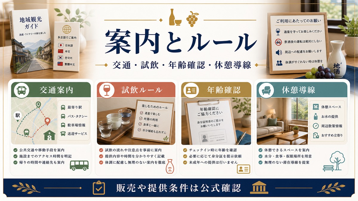 酒蔵ワイナリー観光民泊の案内とルールを交通案内、試飲ルール、年齢確認、休憩導線で整理した図