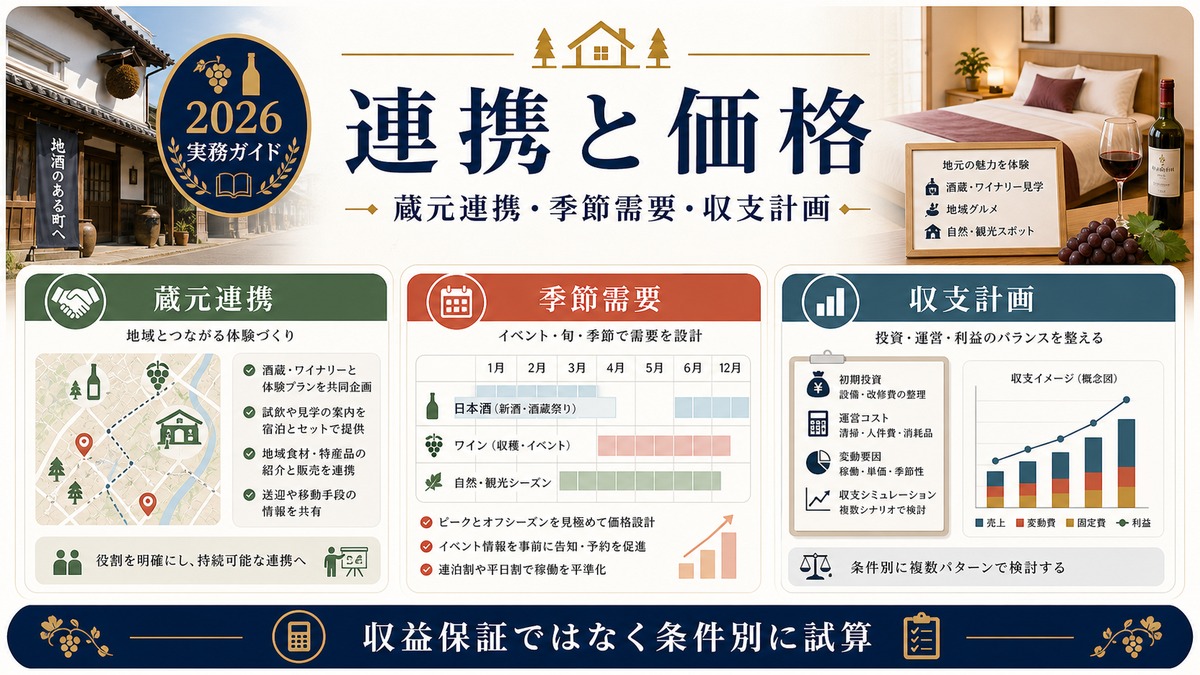 酒蔵ワイナリー観光民泊の連携と価格を蔵元連携、季節需要、収支計画で整理した図