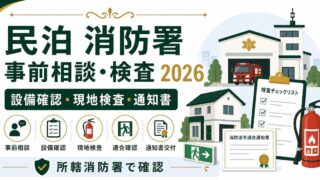 民泊の消防署事前相談、設備確認、現地検査、消防法令適合通知書を所轄確認前提で整理した図