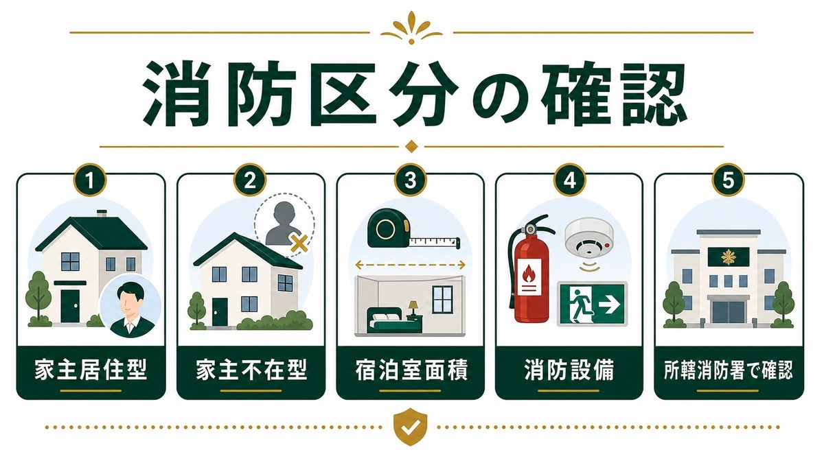 民泊の消防区分確認を家主居住型、家主不在型、宿泊室面積、消防設備、所轄消防署確認で示した図