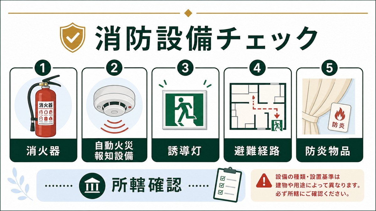 民泊の消防設備チェックを消火器、自動火災報知設備、誘導灯、避難経路、防炎物品で示した図