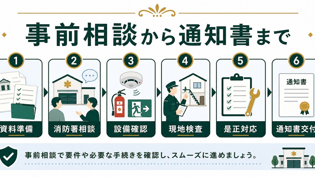 消防署への事前相談から通知書交付までを資料準備、消防署相談、設備確認、現地検査、是正対応で示した図