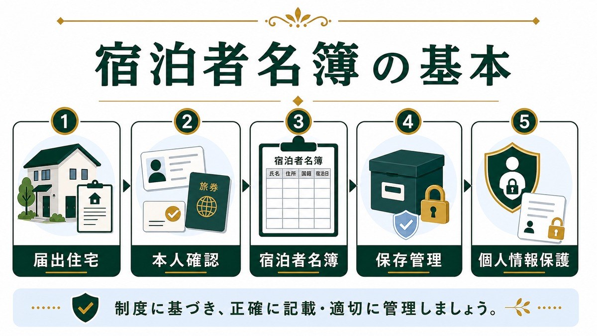 民泊宿泊者名簿の基本を届出住宅、本人確認、宿泊者名簿、保存管理、個人情報保護で示した図