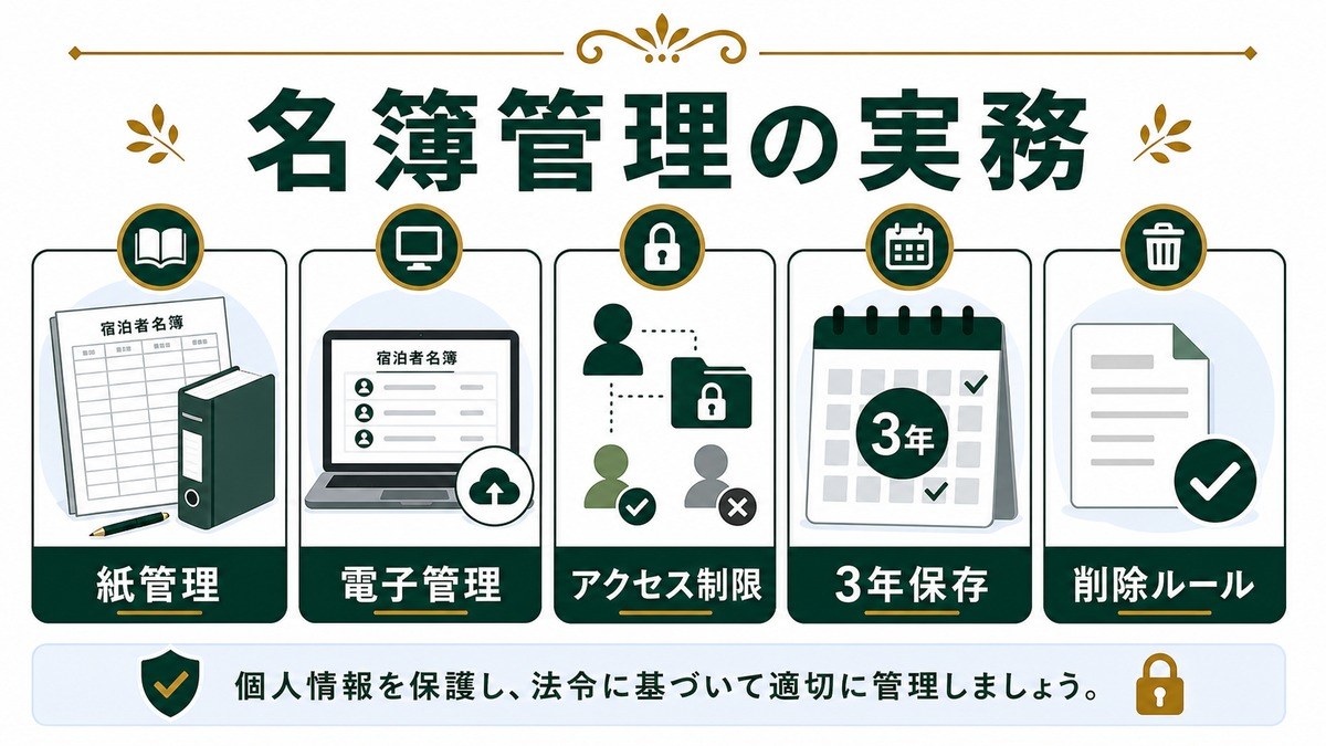 宿泊者名簿の管理方法を紙管理、電子管理、アクセス制限、3年保存、削除ルールで示した図