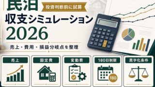 民泊の収支シミュレーションを売上、固定費、変動費、180日制限、黒字化条件で整理した図