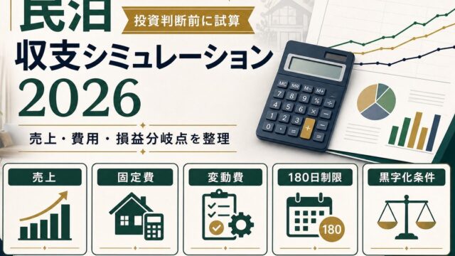 民泊の収支シミュレーションを売上、固定費、変動費、180日制限、黒字化条件で整理した図