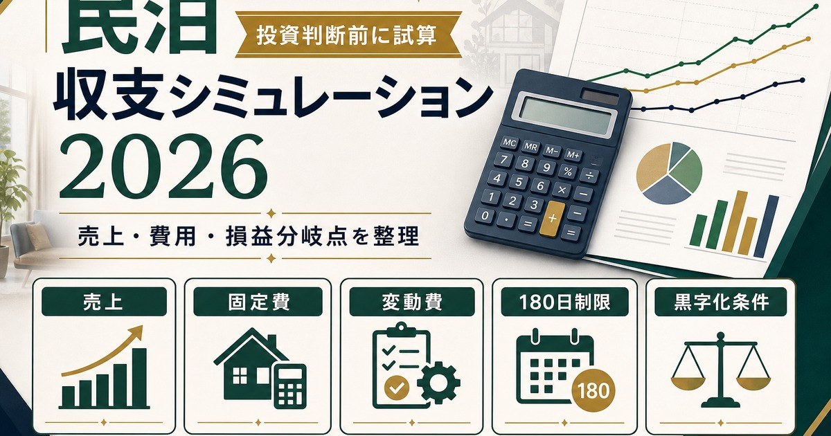 民泊の収支シミュレーションを売上、固定費、変動費、180日制限、黒字化条件で整理した図