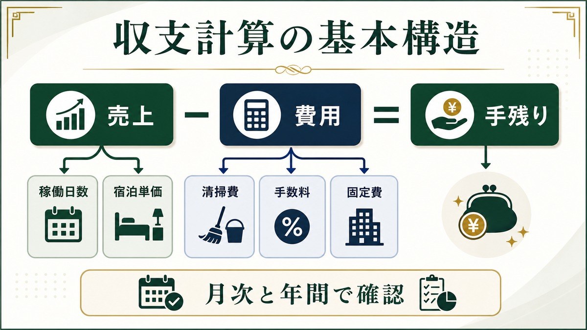 民泊収支計算の基本構造を売上、費用、手残り、稼働日数、宿泊単価で示した図