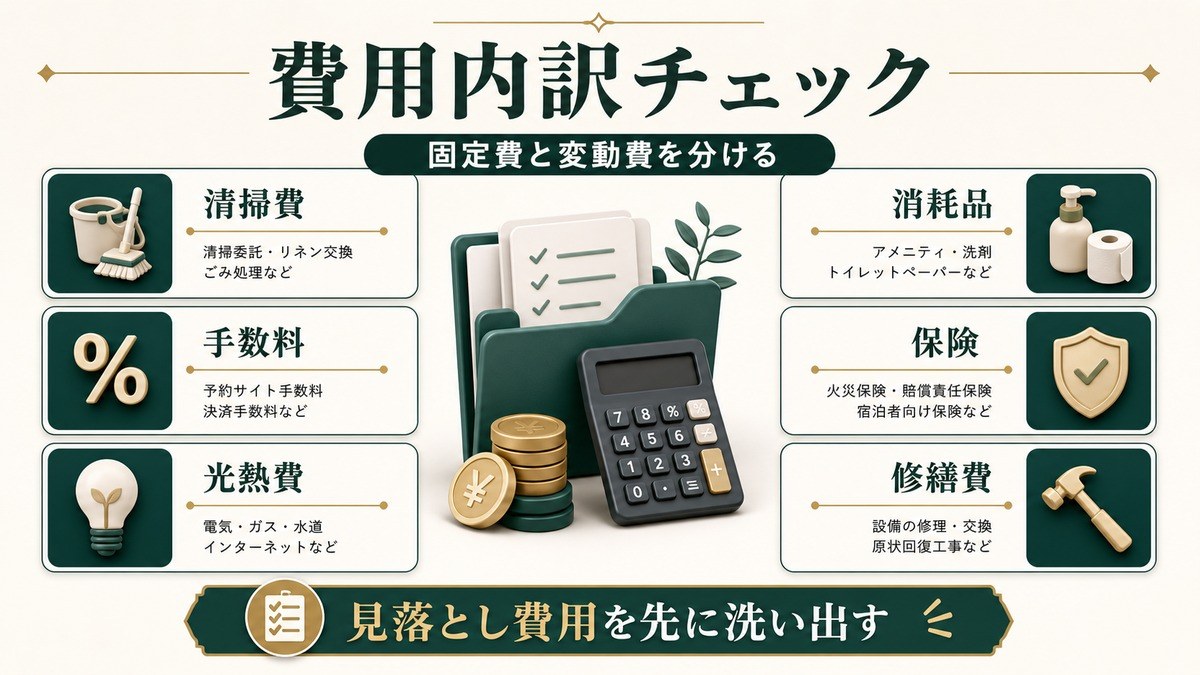 民泊の費用内訳を清掃費、手数料、光熱費、消耗品、保険、修繕費で示した図